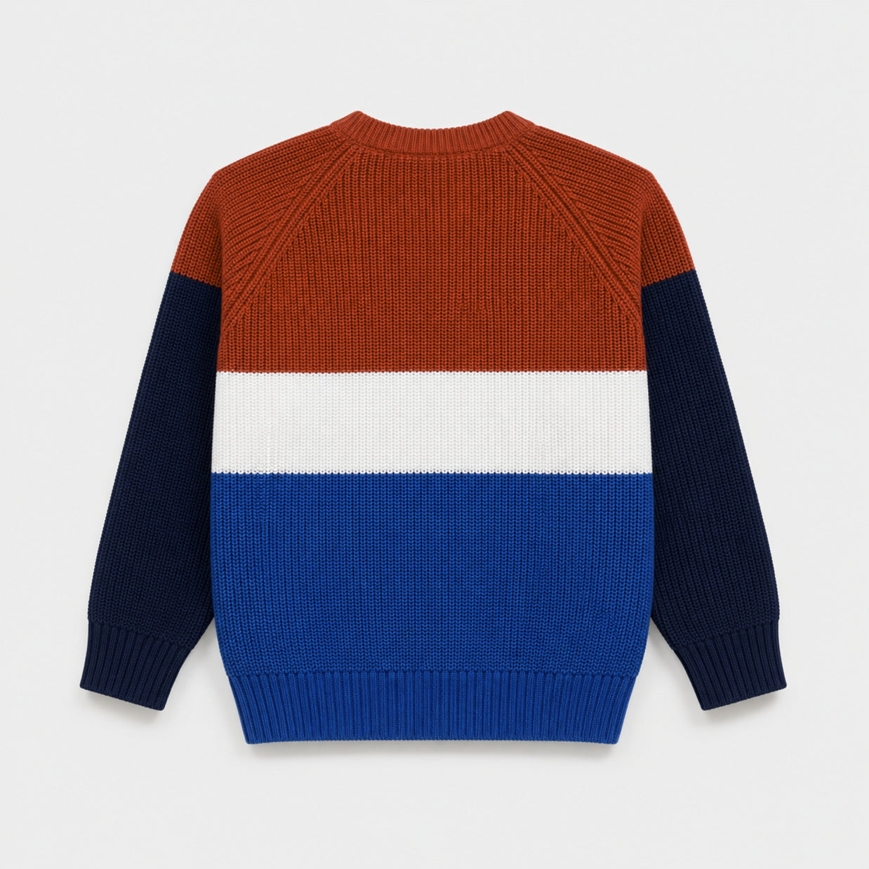 Back view of the Color Block Sweater for boys, displaying a textured cotton knit with rust, white and royal blue body panels and Navy blue sleeves.