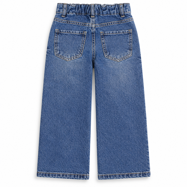 Back view of boys and girls medium blue washed wide leg jeans with two back patch pockets