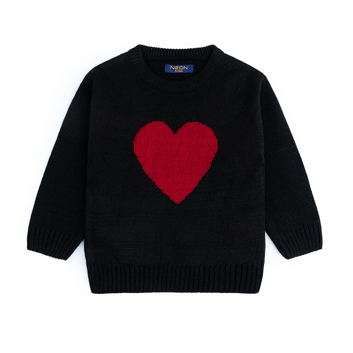 Girls black cotton sweater featuring a bold red heart design, a classic crew neck, long sleeves and ribbed edges.