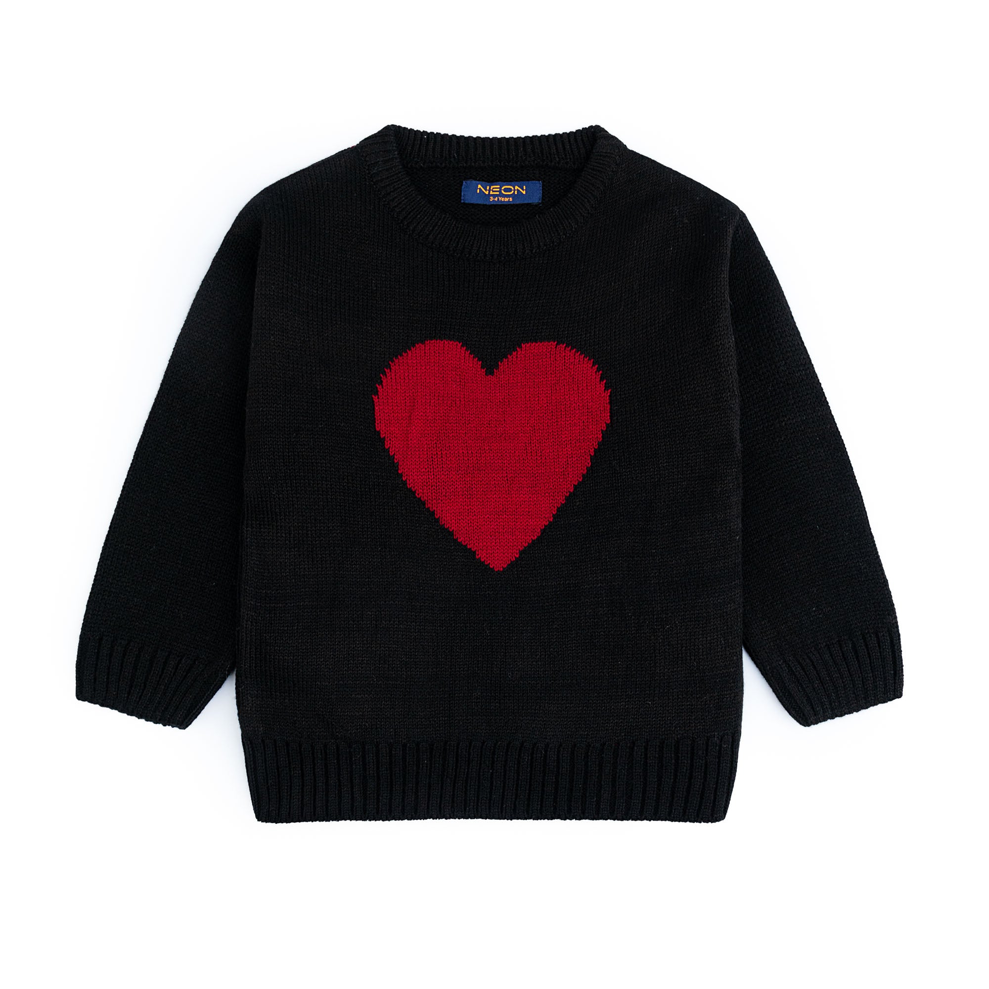 Girls black cotton sweater featuring a bold red heart design, a classic crew neck, long sleeves and ribbed edges.