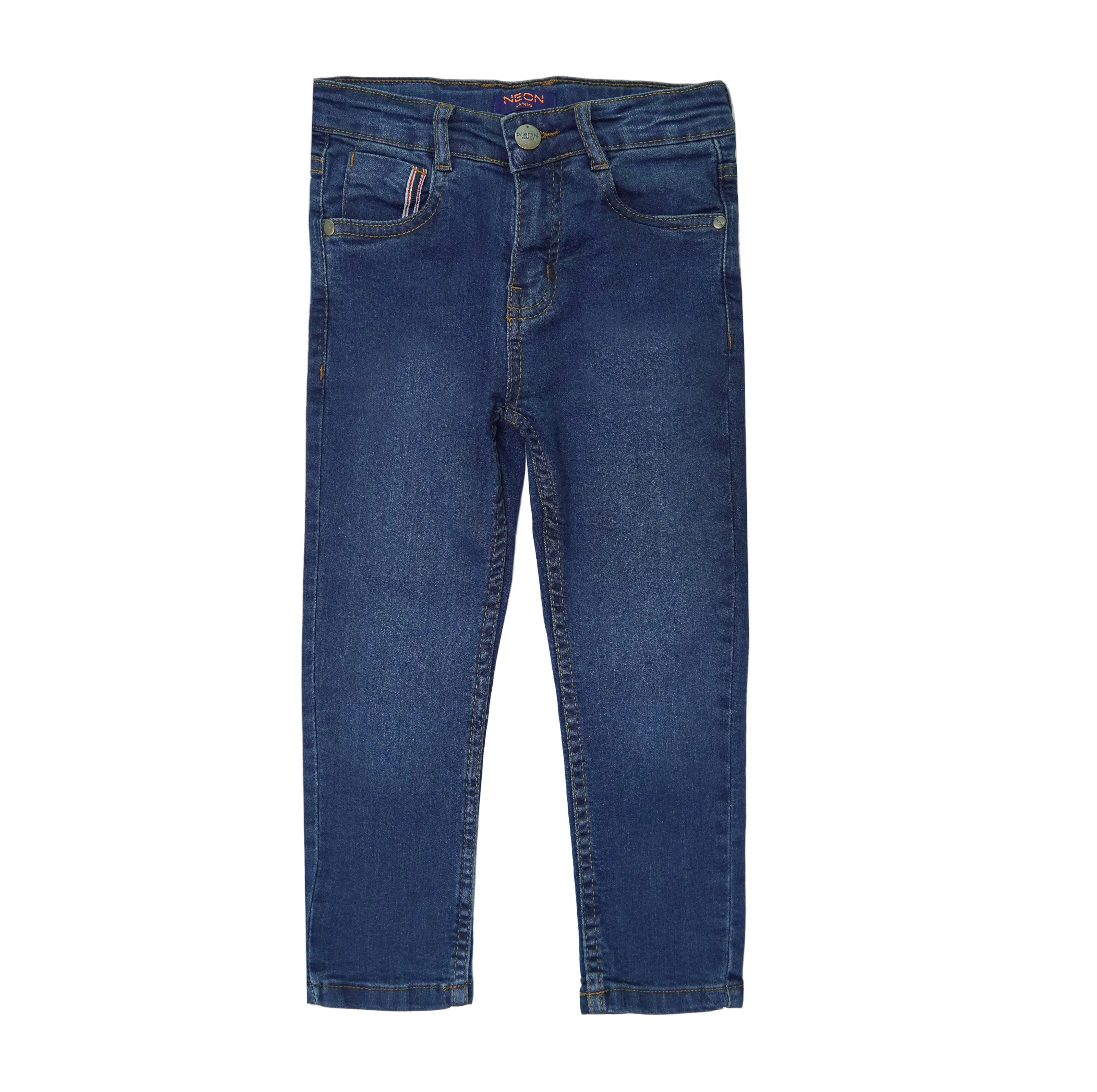 Classic blue denim for kids with a slim fit, button fastening, belt loops and five-pocket design.