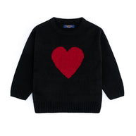 Girls black cotton sweater featuring a bold red heart design, a classic crew neck, long sleeves and ribbed edges.