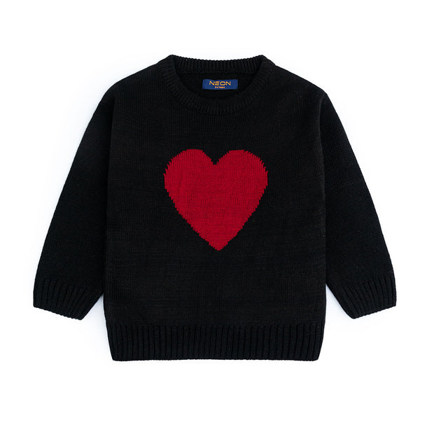 Girls black cotton sweater featuring a bold red heart design, a classic crew neck, long sleeves and ribbed edges.