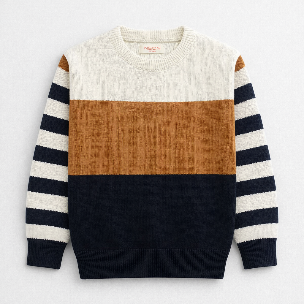 Front view of a boys cotton sweater featuring off-white, camel-brown and dark-navy color-block panels with contrasting striped long sleeves and ribbed edges.