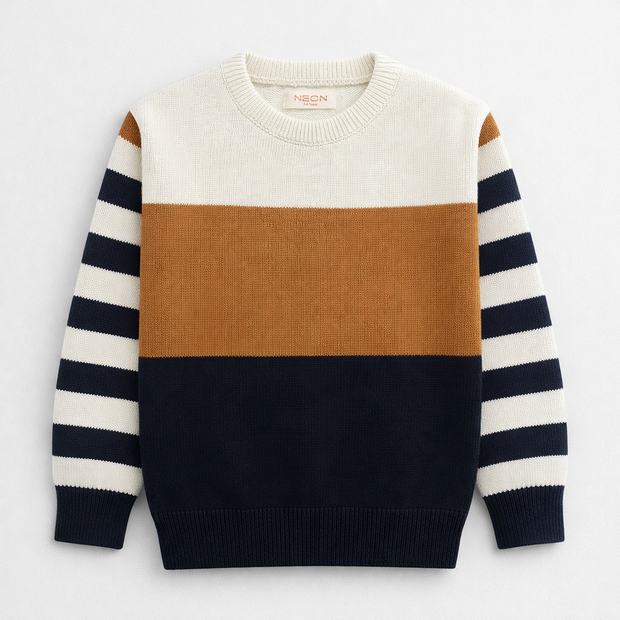 Front view of a boys cotton sweater featuring off-white, camel-brown and dark-navy color-block panels with contrasting striped long sleeves and ribbed edges.