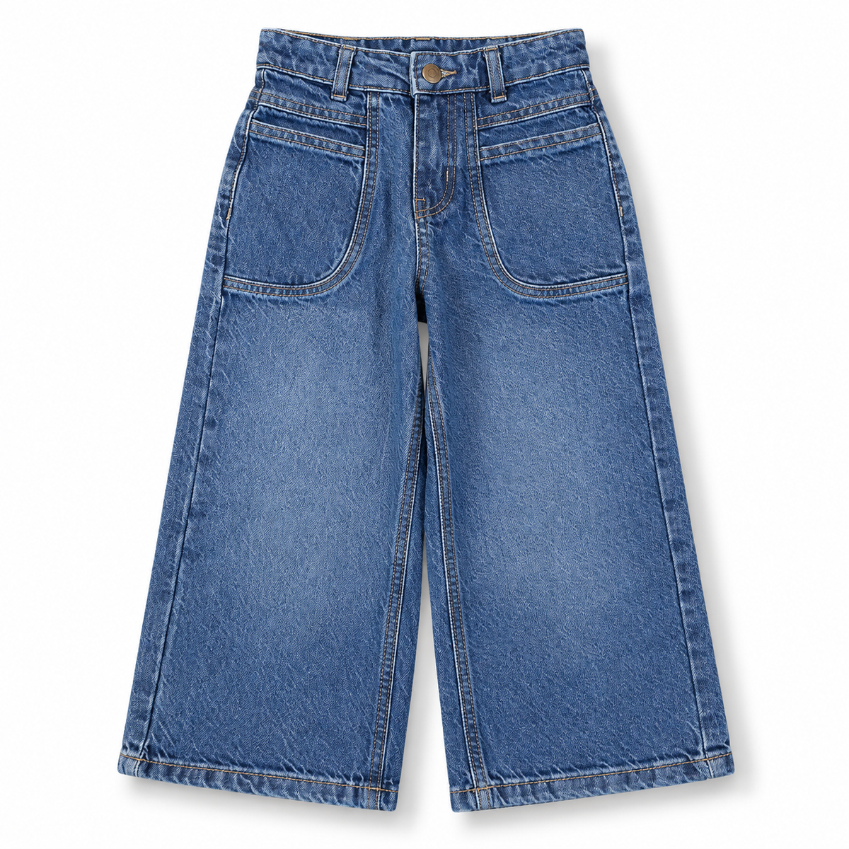 Front view of girls medium blue washed wide leg jeans with large front patch pockets