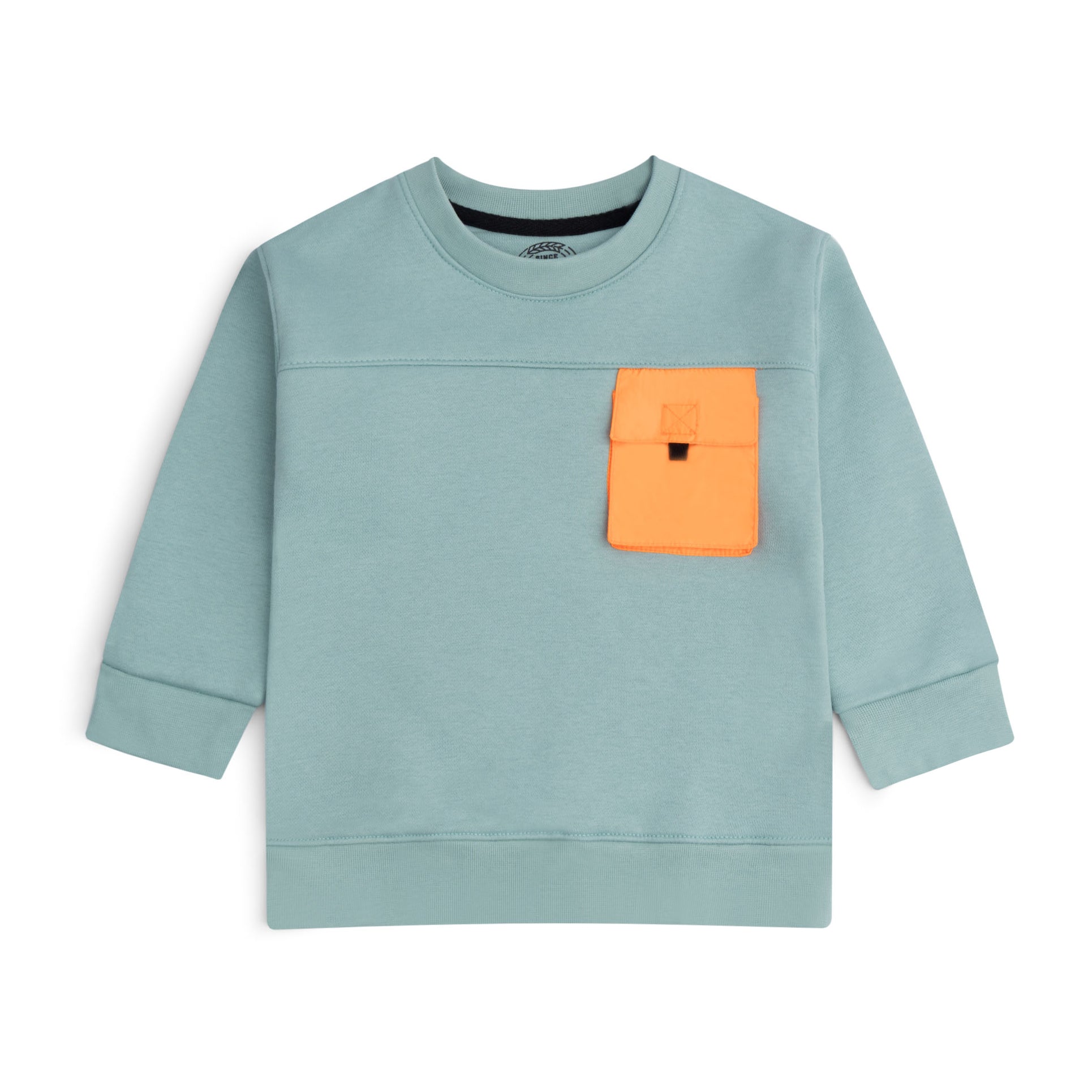 Dusty blue fleece sweatshirt for boys featuring a contrast orange flap chest pocket, black pull tab, front yoke seam and ribbed trims.