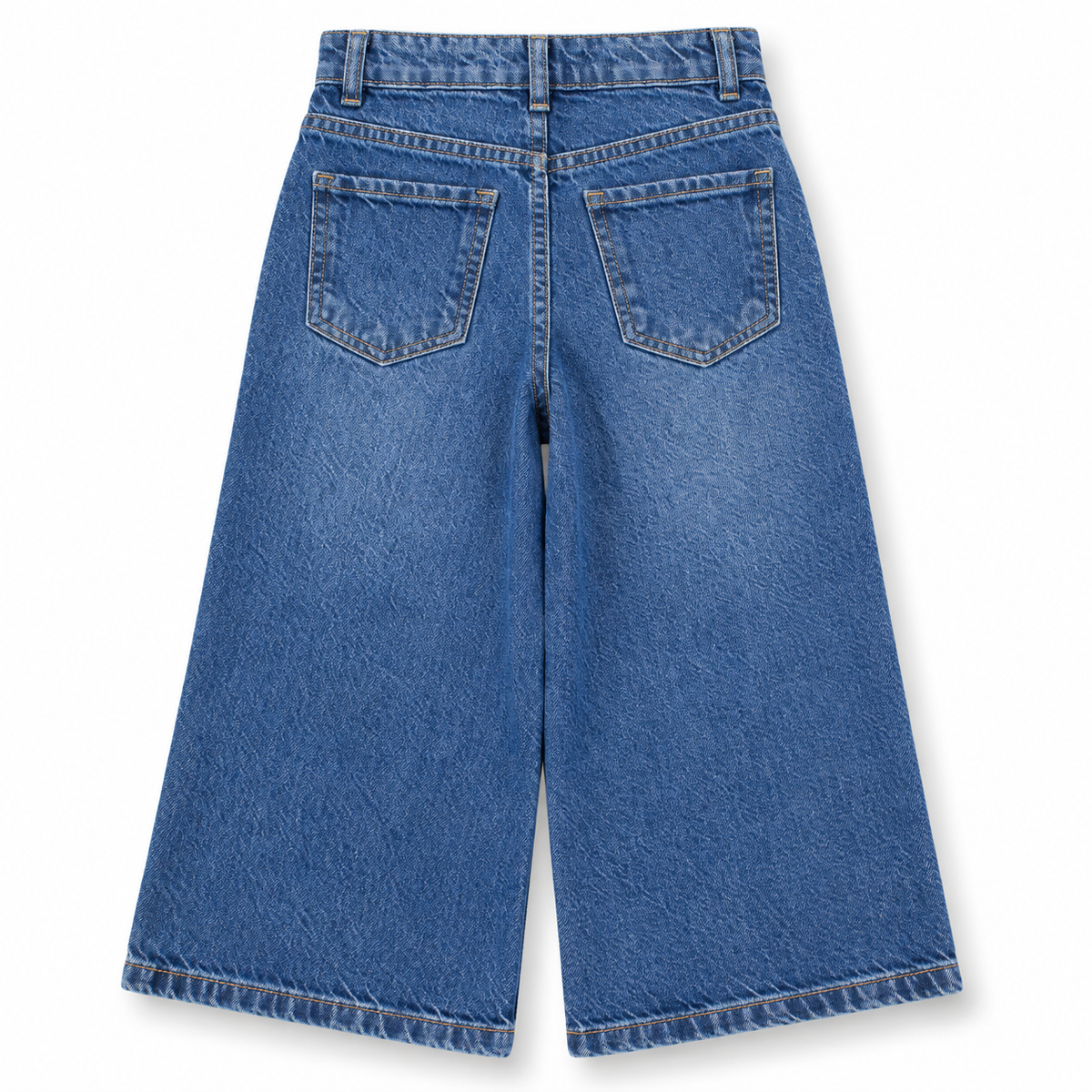 1. Back view of girls medium blue washed wide leg jeans with back patch pockets