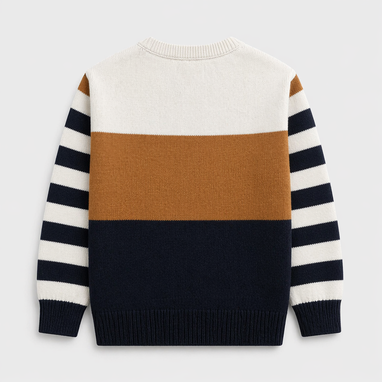 Back view of the boys 100% cotton sweater, showing matching color-block panels, dark-navy and off-white striped sleeves, and ribbed finishing.