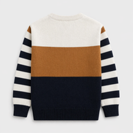 Back view of the boys 100% cotton sweater, showing matching color-block panels, dark-navy and off-white striped sleeves, and ribbed finishing.