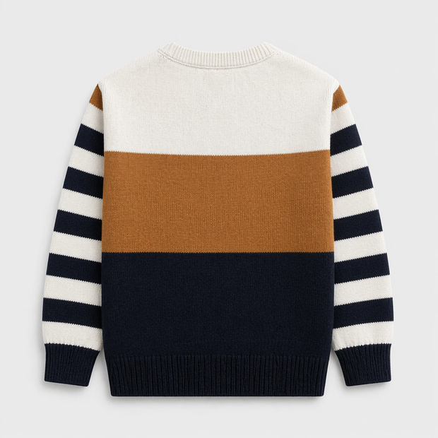Back view of the boys 100% cotton sweater, showing matching color-block panels, dark-navy and off-white striped sleeves, and ribbed finishing.