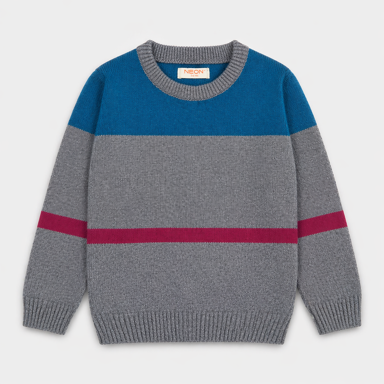 Front view of a boys 100% cotton sweater featuring an ocean-blue upper panel, heather-grey body and contrasting berry stripe, with a crew neck and ribbed edges.