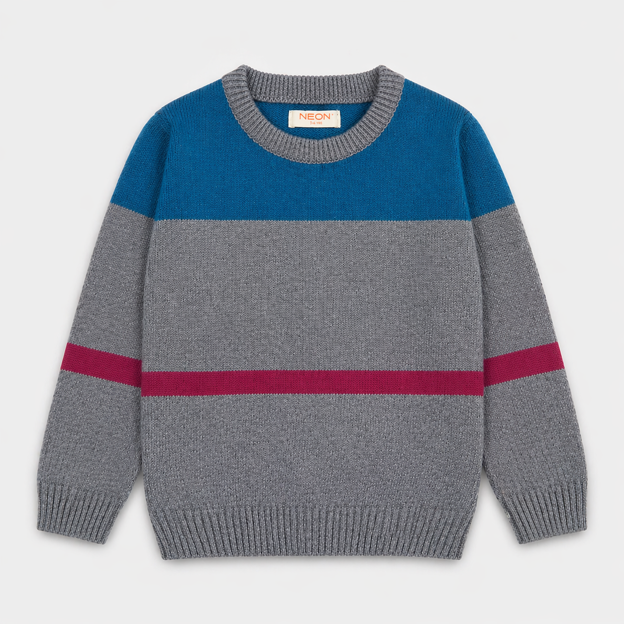 Front view of a boys 100% cotton sweater featuring an ocean-blue upper panel, heather-grey body and contrasting berry stripe, with a crew neck and ribbed edges.