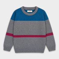 Front view of a boys 100% cotton sweater featuring an ocean-blue upper panel, heather-grey body and contrasting berry stripe, with a crew neck and ribbed edges.