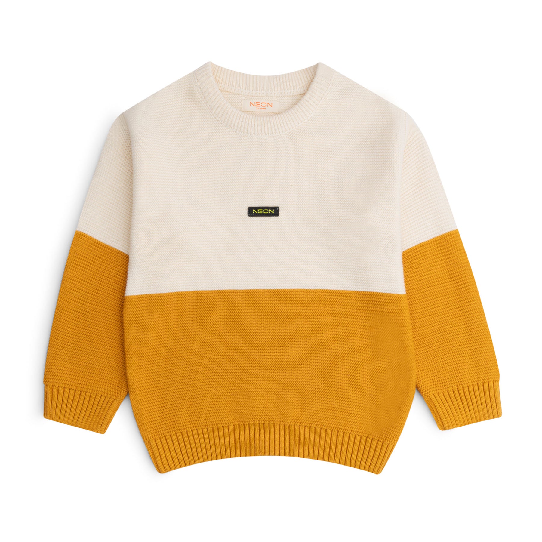Boys cotton sweater featuring an off-white upper section, mustard yellow lower section and sleeves, a crew neck and ribbed edges.