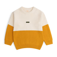 Boys cotton sweater featuring an off-white upper section, mustard yellow lower section and sleeves, a crew neck and ribbed edges.