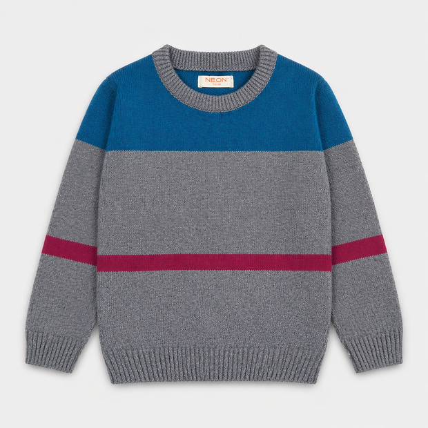 Front view of a boys 100% cotton sweater featuring an ocean-blue upper panel, heather-grey body and contrasting berry stripe, with a crew neck and ribbed edges.