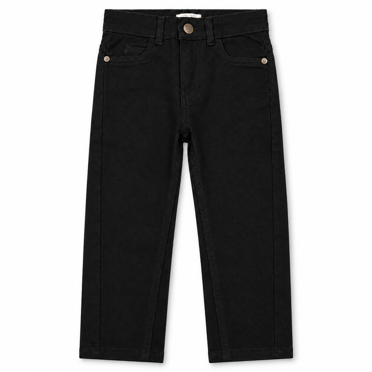 Front view of boys and girls black twill pants with straight fit and classic five-pocket styling