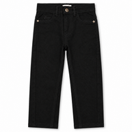 Front view of boys and girls black twill pants with straight fit and classic five-pocket styling