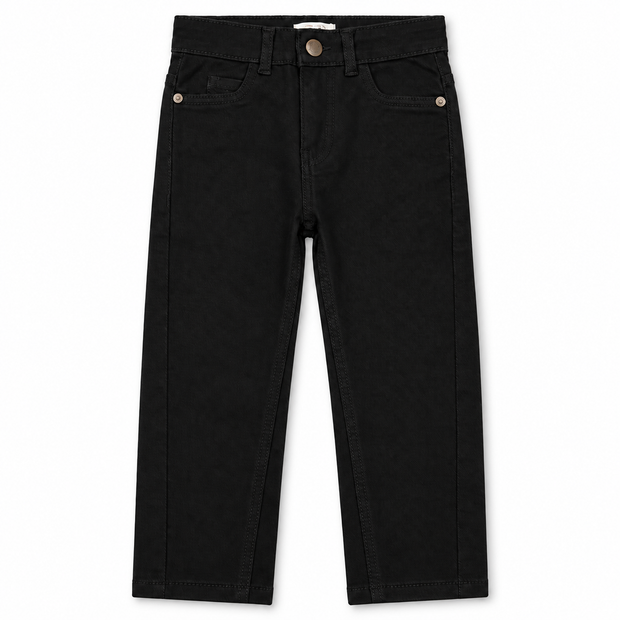 Front view of boys and girls black twill pants with straight fit and classic five-pocket styling