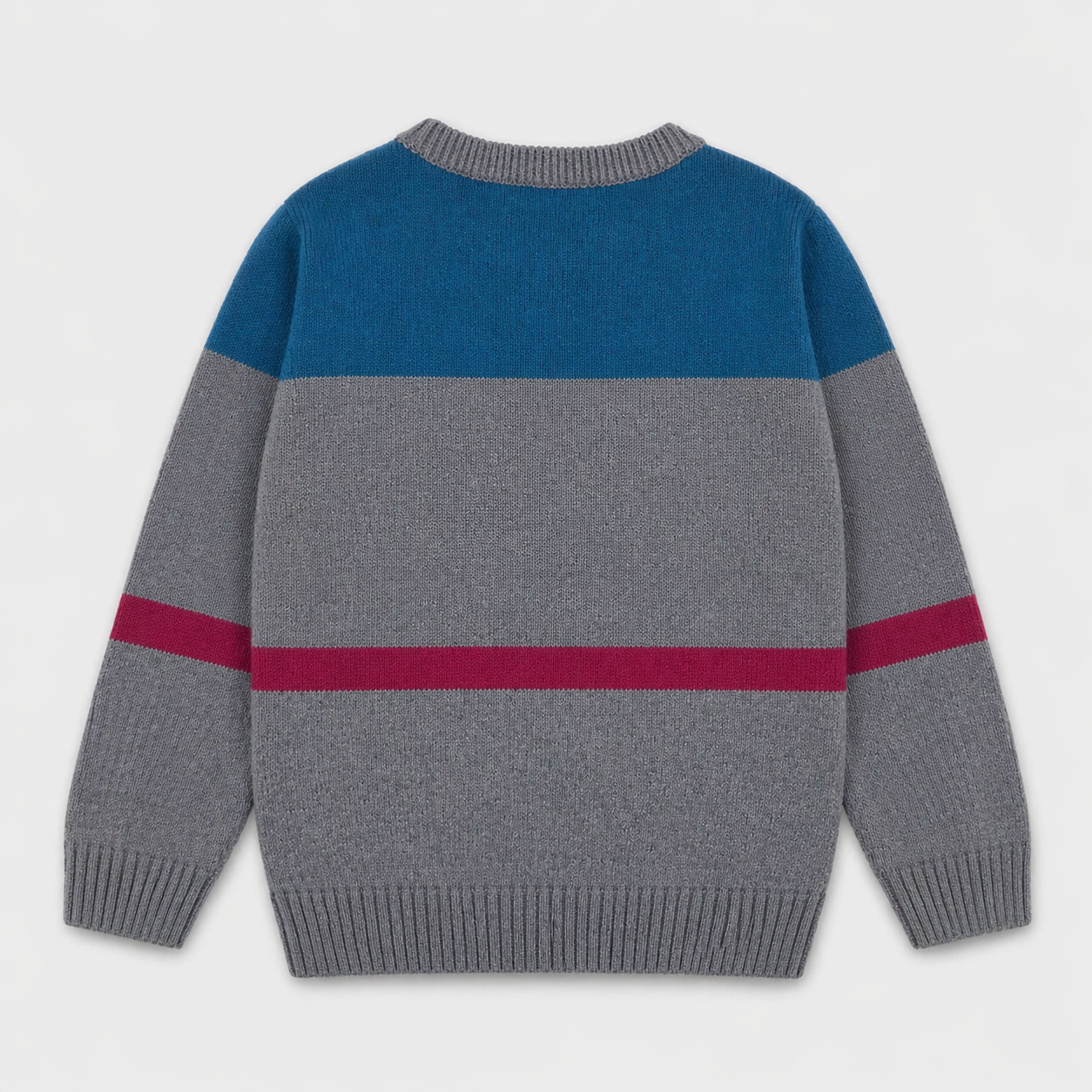 Back view of the boys cotton sweater showing ocean-blue and heather-grey color blocking with a berry horizontal stripe, long sleeves and ribbed finishing.