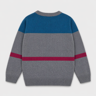Back view of the boys cotton sweater showing ocean-blue and heather-grey color blocking with a berry horizontal stripe, long sleeves and ribbed finishing.