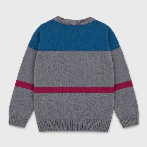 Back view of the boys cotton sweater showing ocean-blue and heather-grey color blocking with a berry horizontal stripe, long sleeves and ribbed finishing.