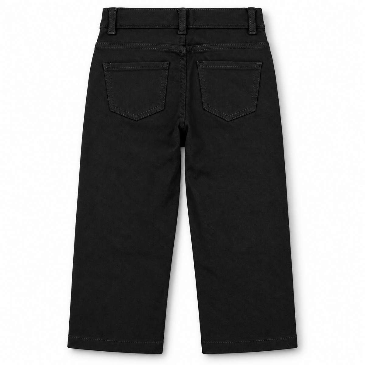 Back view of boys and girls black twill pants with two patch pockets and straight-leg silhouette