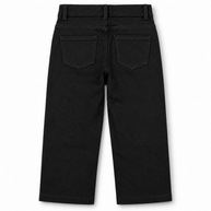 Back view of boys and girls black twill pants with two patch pockets and straight-leg silhouette