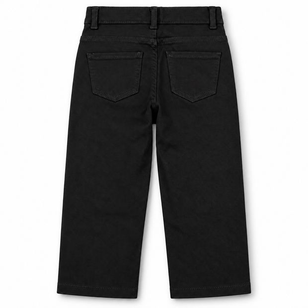 Back view of boys and girls black twill pants with two patch pockets and straight-leg silhouette