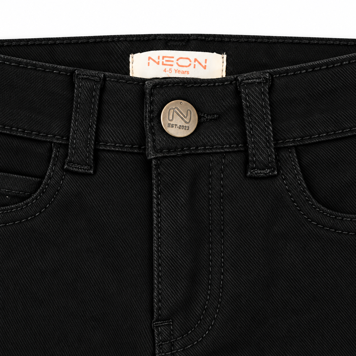 Close-up of black twill pants waistband with belt loops, branded metal button and zip fastening