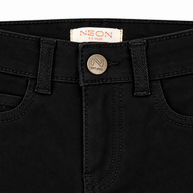 Close-up of black twill pants waistband with belt loops, branded metal button and zip fastening