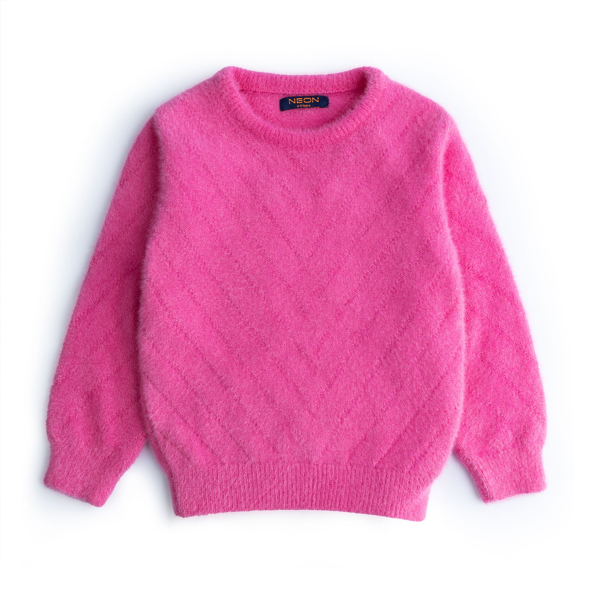 Girls bright pink feather yarn sweater featuring a soft fluffy texture, classic crew neck, long sleeves and ribbed edges.