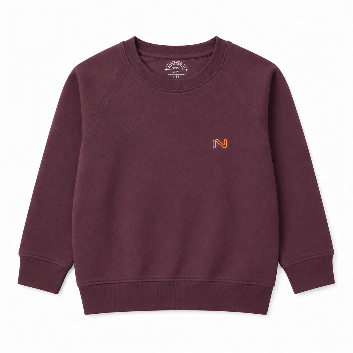 Front view of the boys burgundy fleece sweatshirt featuring a small orange embroidered N logo, round ribbed neckline and raglan sleeves.