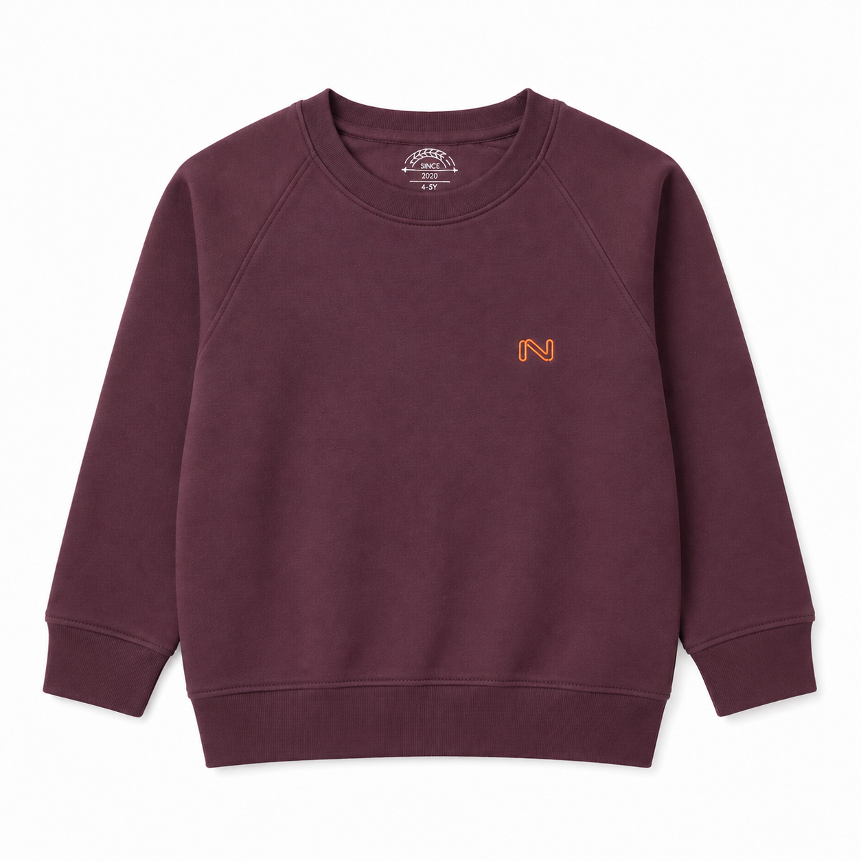 Front view of the boys burgundy fleece sweatshirt featuring a small orange embroidered N logo, round ribbed neckline and raglan sleeves.
