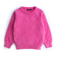 Girls bright pink feather yarn sweater featuring a soft fluffy texture, classic crew neck, long sleeves and ribbed edges.