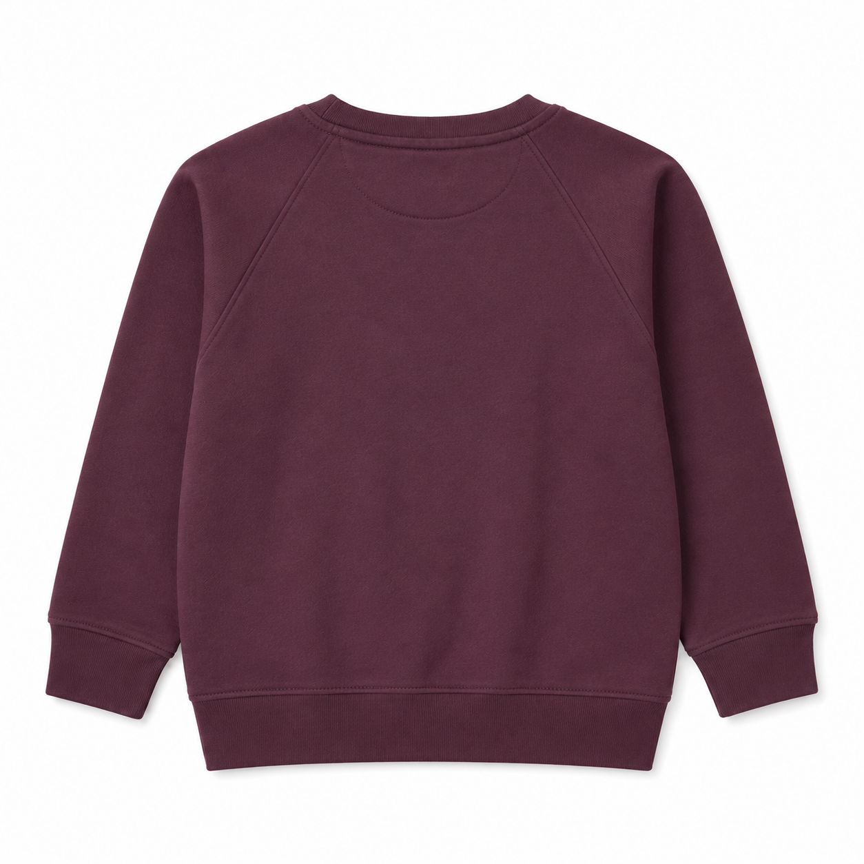 Back view of the boys burgundy fleece sweatshirt featuring a plain design, raglan sleeves, ribbed cuffs and ribbed bottom finish.