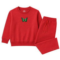 Girls red Butterfly Fleece Co-ord Set featuring a graphic sweatshirt with matching drawstring flared trousers.