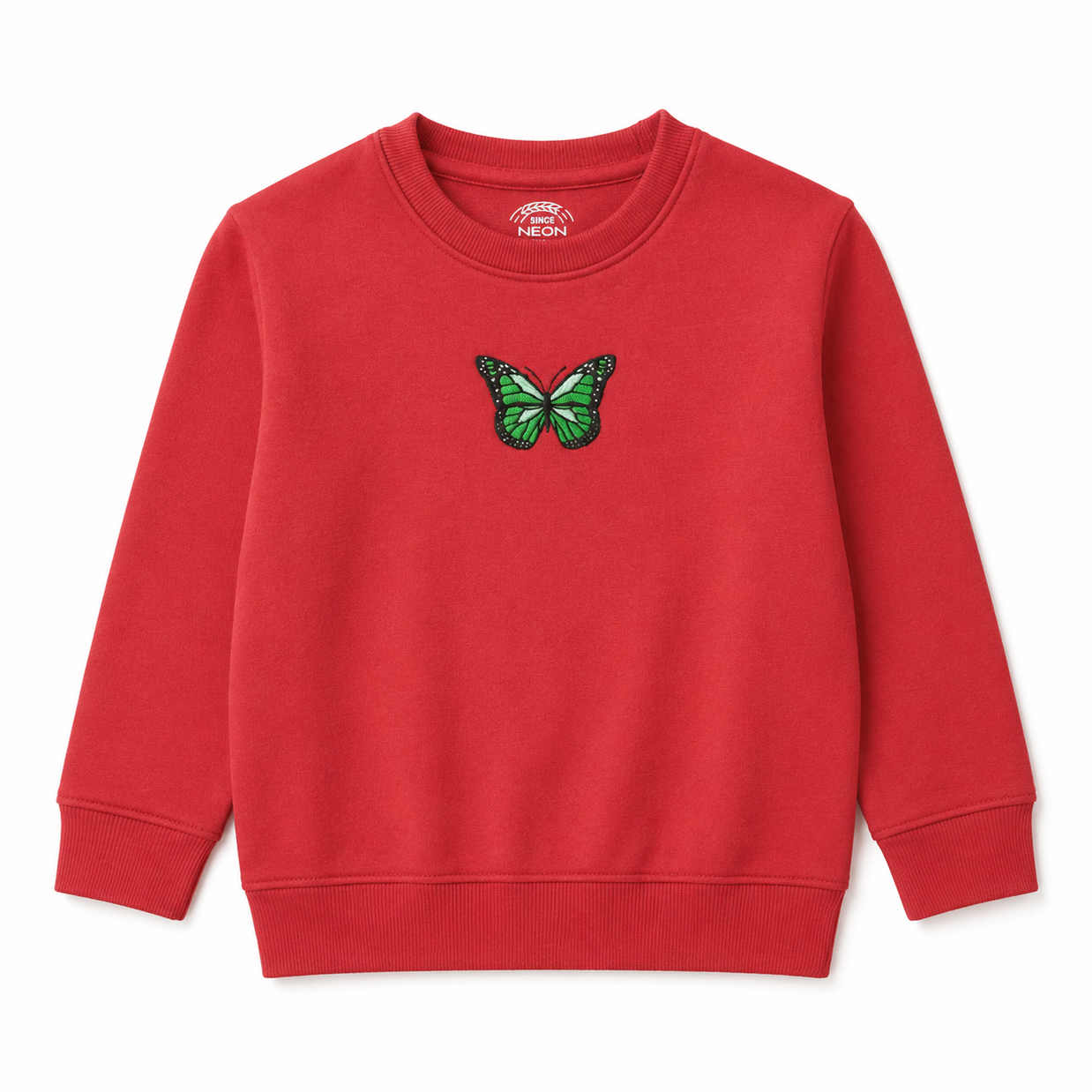 Front view of the girls red fleece sweatshirt featuring a green butterfly graphic, round neckline and ribbed trims.