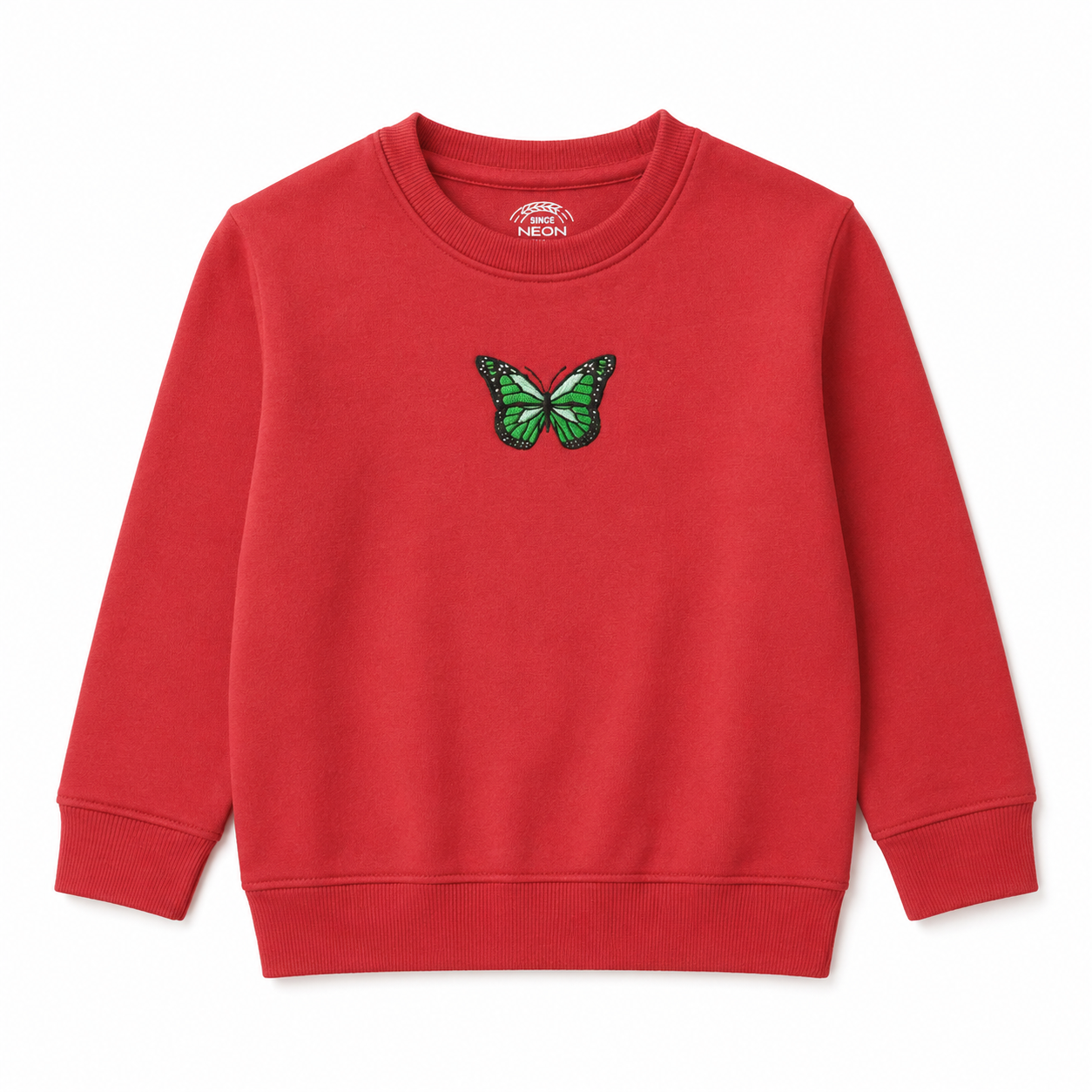 Front view of the girls red fleece sweatshirt featuring a green butterfly graphic, round neckline and ribbed trims.