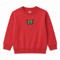 Front view of the girls red fleece sweatshirt featuring a green butterfly graphic, round neckline and ribbed trims.