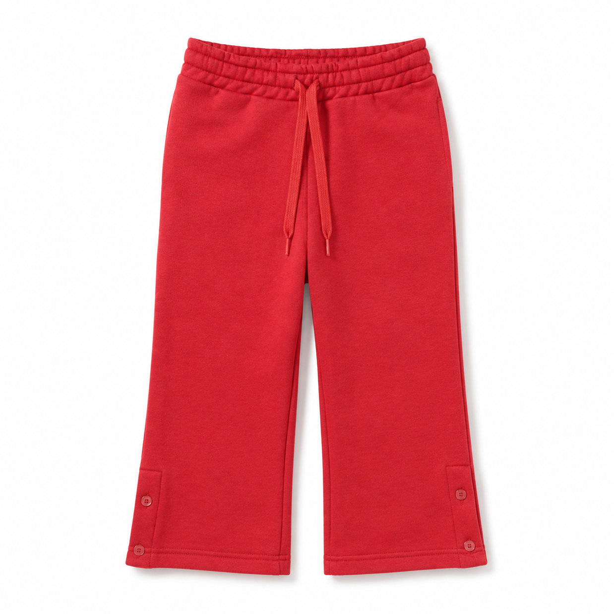 Front view of the girls red fleece trousers featuring a flared silhouette, drawstring waist and button-tab ankle details.