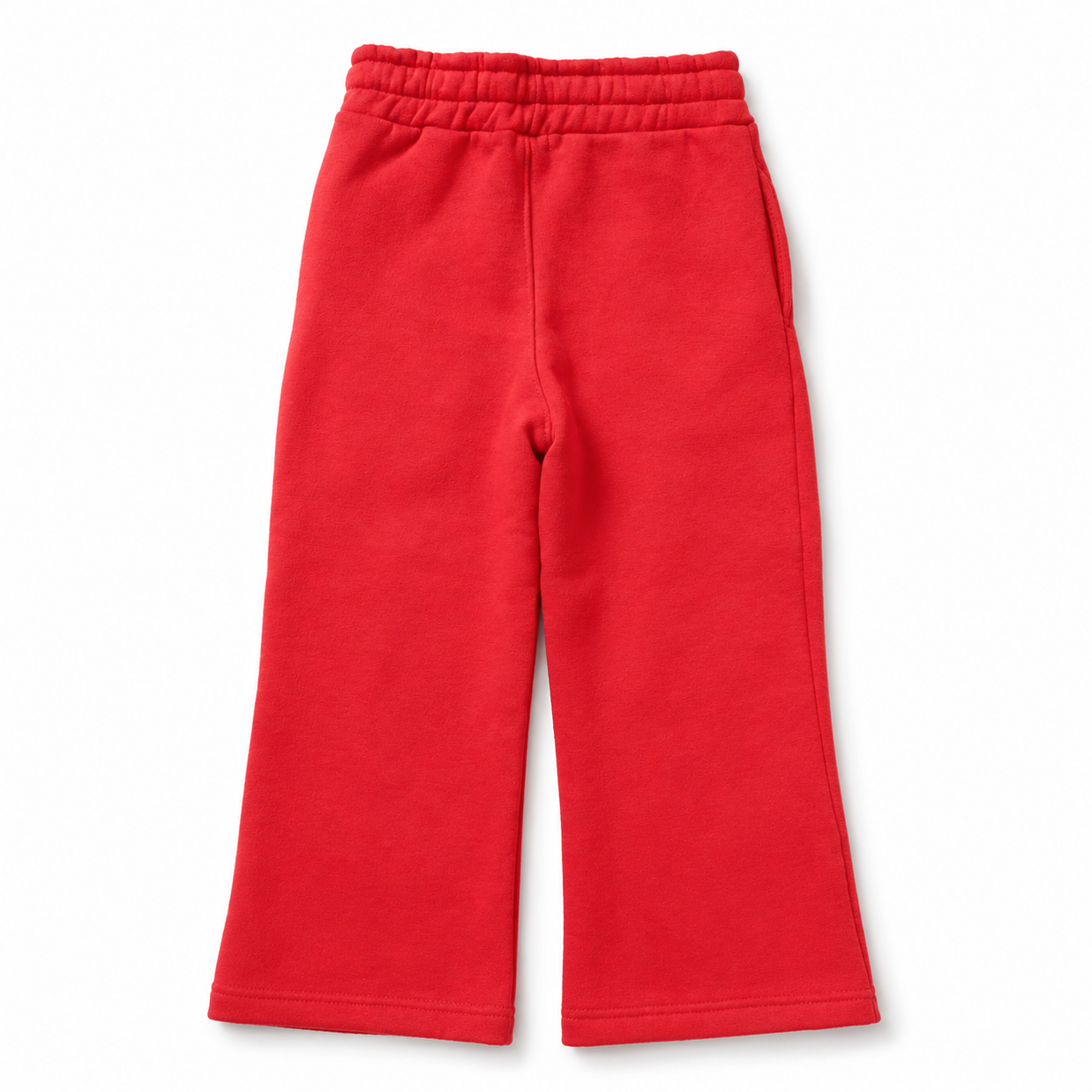 Back view of the girls red fleece flared trousers featuring an elasticated waist and clean finish.