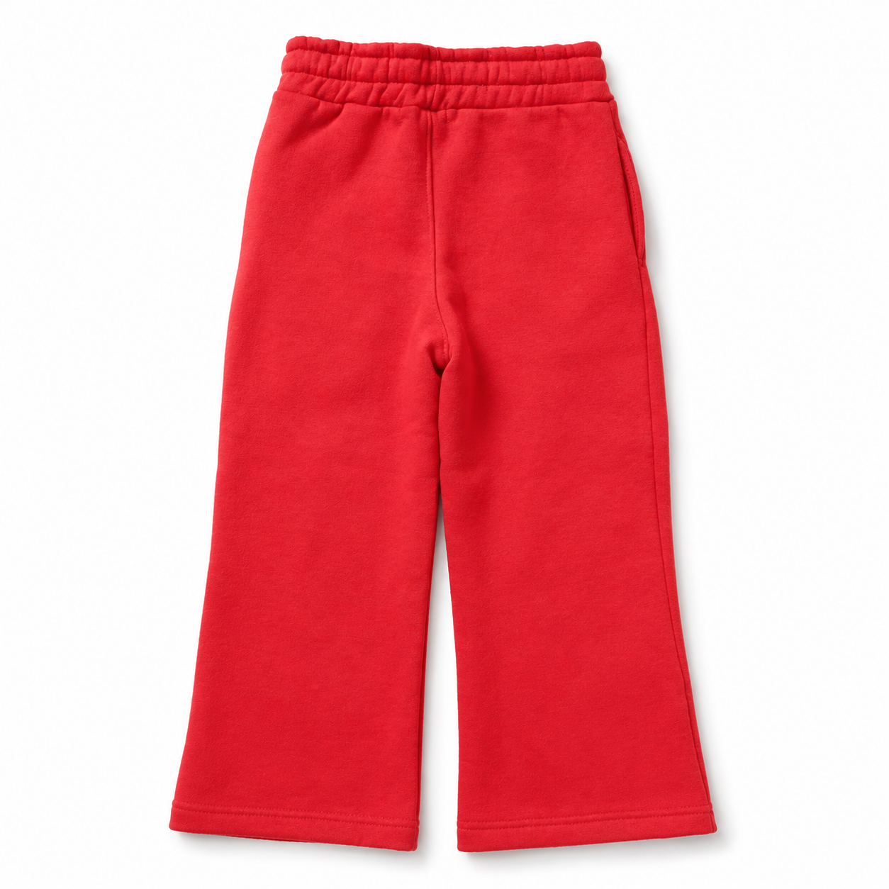 Back view of the girls red fleece flared trousers featuring an elasticated waist and clean finish.