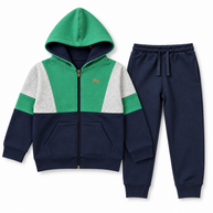 Boys emerald green and navy fleece co-ord set with color-block zip-up hoodie and matching joggers