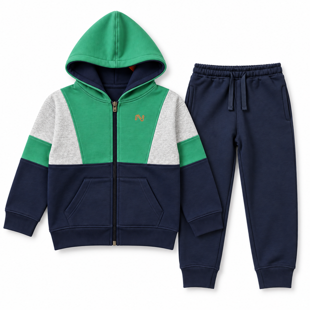 Boys emerald green and navy fleece co-ord set with color-block zip-up hoodie and matching joggers