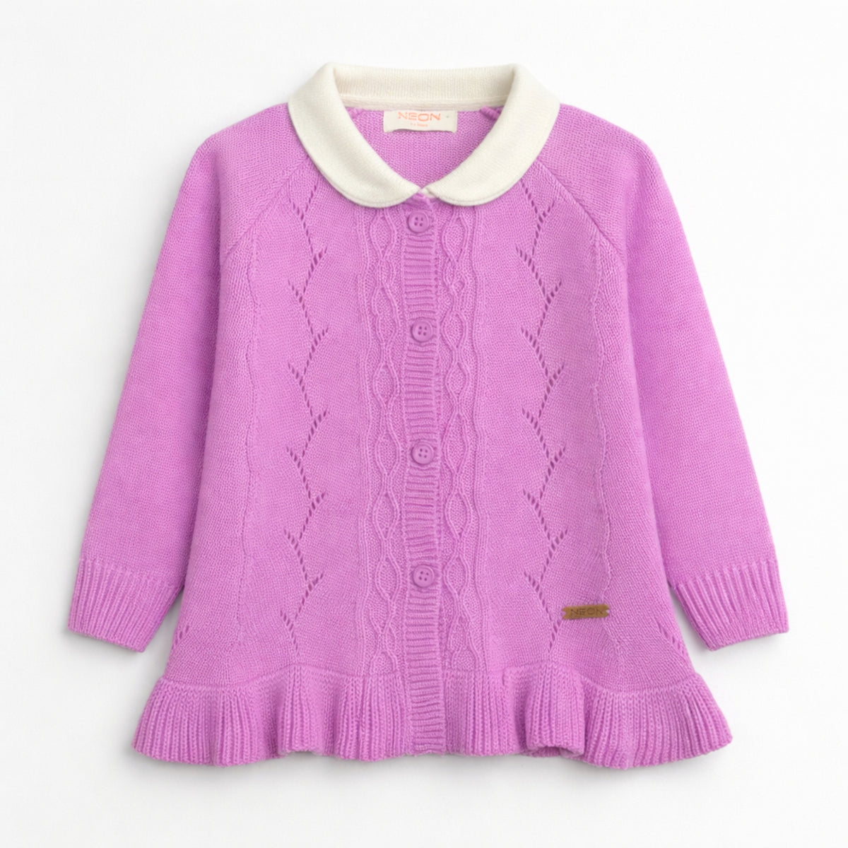 Lilac pink ruffle cardigan for girls with white rounded collar