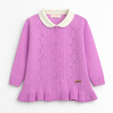 Lilac pink ruffle cardigan for girls with white rounded collar