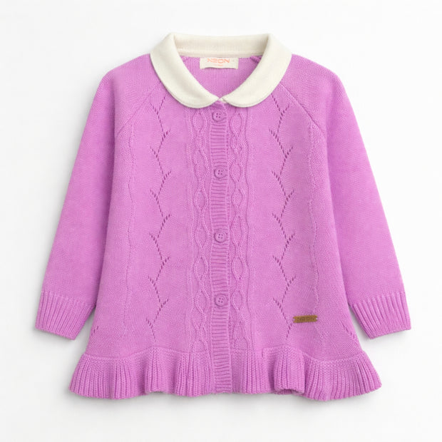 Lilac pink ruffle cardigan for girls with white rounded collar