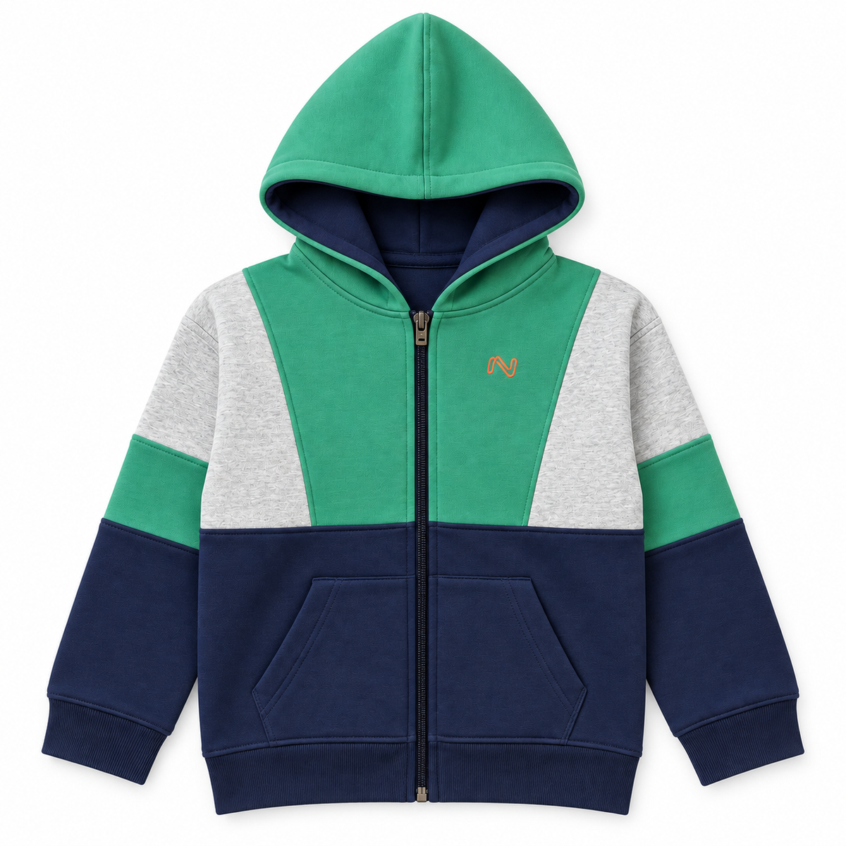 Front view of boys emerald green, grey and navy color-block fleece zip-up hoodie